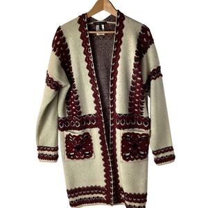 BCBGMAXAZRIA Beige Burgundy Intarsia Knit Open Front Long Cardigan Sweater M